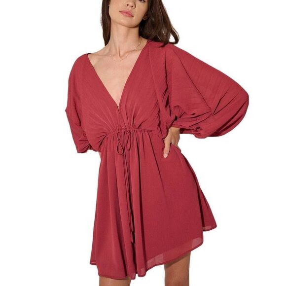 Promesa Deep Magenta Solid Deep V Neck Chiffon Bishop Sleeve Mini Dress Size Sma - Picture 2 of 11